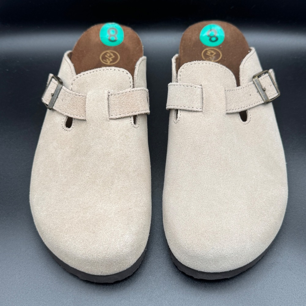 White Mountain Suede Buckle Clogs Stone Beige Footbeds Mules Womens 8 - Picture 4 of 8